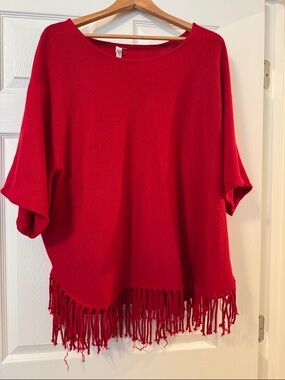 NY Collection Red Fringe Hem Women's Poncho Sweater